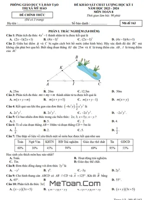 Đề học kỳ 1 Toán 8 năm 2023 - 2024 phòng GD&ĐT Mỹ Hào - Hưng Yên