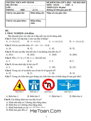 Đề Thi Giữa Kì 1 Môn Toán Lớp 6 Năm 2023-2024 - Trường THCS Sơn Thành, Quảng Ngãi