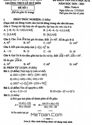 Đề thi giữa kỳ 2 môn Toán lớp 6 năm 2020 - 2021 trường THCS Lê Quý Đôn - Hà Nội