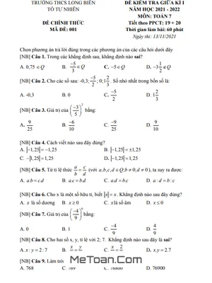Đề thi giữa kì 1 Toán 7 năm 2021 - 2022 trường THCS Long Biên - Hà Nội