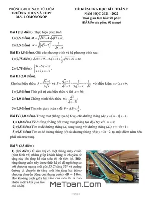 Đề thi học kì 1 Toán 9 năm 2021 - 2022 trường M.V. Lômônôxốp – Hà Nội