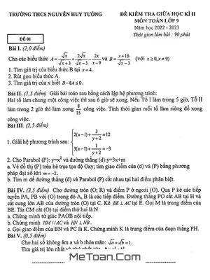 Đề Thi Giữa Kì 2 Toán 9 Năm 2022 - 2023 Trường THCS Nguyễn Huy Tưởng - Hà Nội