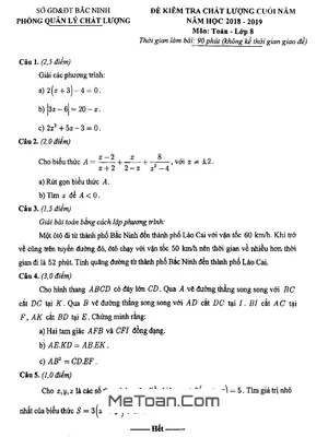 Đề kiểm tra chất lượng cuối năm Toán 8 năm 2018 - 2019 Sở GD&ĐT Bắc Ninh