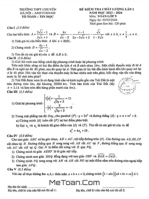 Đề kiểm tra lần 1 Toán 9 năm 2023 - 2024 trường chuyên Hà Nội – Amsterdam