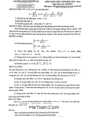 Đề KSCL Toán 9 năm 2018 - 2019 trường THCS Nguyễn Du - Hà Nội