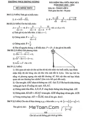 Đề Thi Giữa Học Kì 1 Toán 9 Năm 2023 - 2024 Trường THCS Trưng Vương - Hà Nội