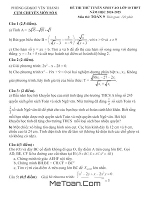 Đề thi thử Toán vào lớp 10 năm 2024 - 2025 cụm CM số 8 Yên Thành - Nghệ An