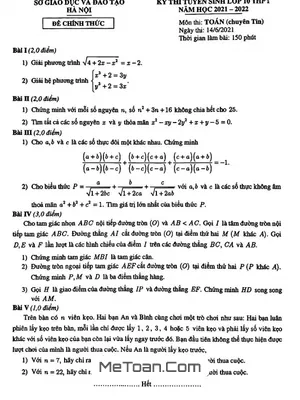 Đề thi Tuyển Sinh Lớp 10 Môn Toán (Chuyên Tin) Năm 2021 - 2022 Sở GD&ĐT Hà Nội