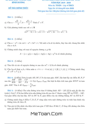Đề thi học sinh giỏi tỉnh Toán 9 năm học 2019 - 2020 sở GD&ĐT Bình Dương