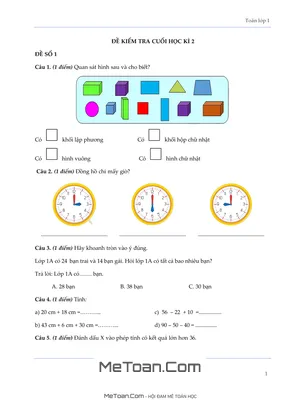 Bộ 10 Đề Thi Cuối Học Kỳ 2 Môn Toán Lớp 1