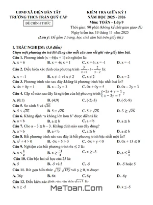 Đề Thi Giữa Kỳ 1 Môn Toán Lớp 9 Năm Học 2025 - 2026 Trường THCS Trần Quý Cáp, Đà Nẵng (Có Đáp Án)