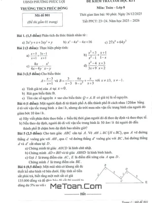 Đề Thi Cuối Học Kỳ 1 Toán 8 Năm 2025-2026 Trường THCS Phúc Đồng, Hà Nội