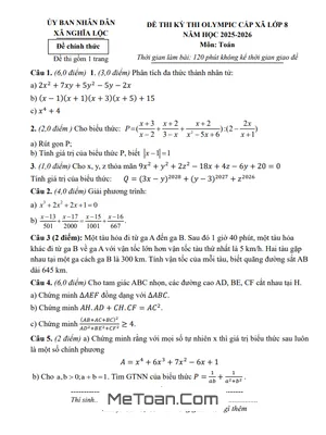 Đề thi Olympic Toán lớp 8 năm 2025-2026 xã Nghĩa Lộc, Nghệ An có đáp án
