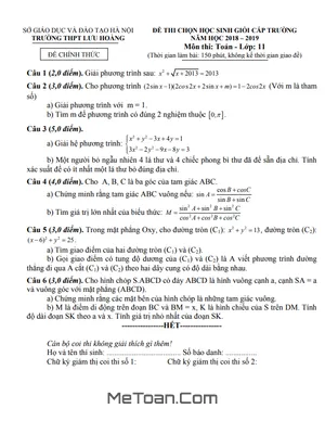 Đề thi học sinh giỏi Toán 11 cấp trường năm 2018 - 2019 trường THPT Lưu Hoàng - Hà Nội