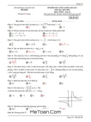 Đề thi học kì 1 Toán 12 năm 2021 - 2022 Sở GD&ĐT Hà Nam (có đáp án)