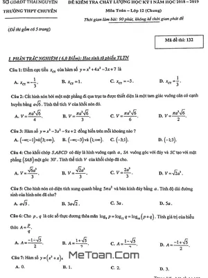 Đề kiểm tra chất lượng học kỳ 1 Toán 12 năm 2018 – 2019 trường chuyên Thái Nguyên