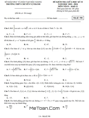 Đề Thi Giữa Kỳ 2 Môn Toán Lớp 12 Năm 2023 - 2024 Trường THPT Chuyên Vị Thanh - Hậu Giang