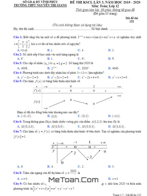 Đề KSCL Toán 12 lần 3 năm 2019 - 2020 trường Nguyễn Thị Giang - Vĩnh Phúc