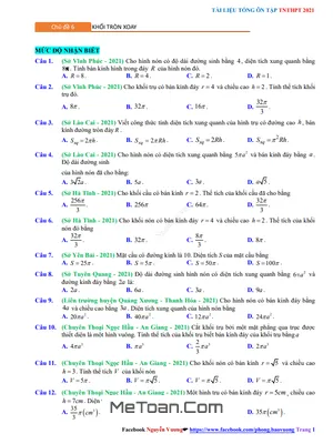 Tổng Ôn Tập TN THPT 2021 Môn Toán: Khối Tròn Xoay