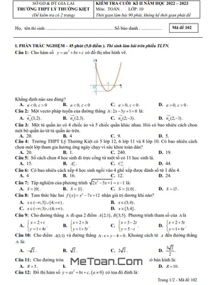 Đề Thi Cuối Kì 2 Toán 10 Năm 2022 - 2023 Trường THPT Lý Thường Kiệt - Gia Lai