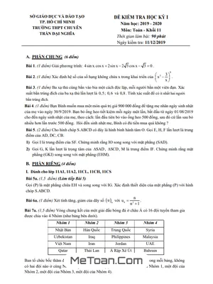 Đề thi học kì 1 Toán 11 năm 2019 - 2020 trường THPT chuyên Trần Đại Nghĩa - TP HCM
