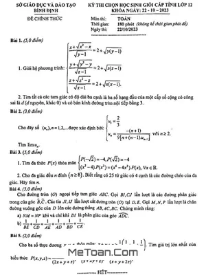 Đề thi chọn HSG cấp tỉnh môn Toán 12 năm 2023 - 2024 sở GD&ĐT Bình Định