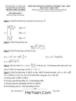 Đề thi cuối kì 2 Toán 11 năm 2022 - 2023 trường THPT Gia Định - TP HCM