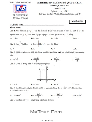 Đề thi thử Toán tốt nghiệp THPT 2023 lần 3 trường chuyên Trần Phú – Hải Phòng