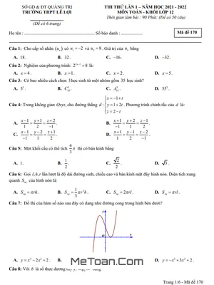 Đề Thi Thử TN THPT 2022 Môn Toán Lần 1 Trường THPT Lê Lợi – Quảng Trị