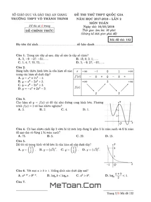 Đề Thi Thử Toán THPTQG 2018 Trường THPT Võ Thành Trinh - An Giang Lần 2