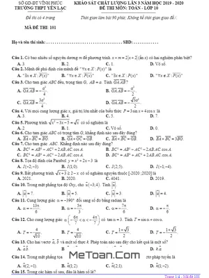Đề khảo sát Toán 10 lần 3 năm 2019 – 2020 trường THPT Yên Lạc – Vĩnh Phúc
