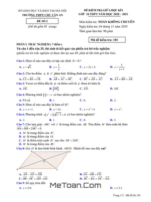 Đề thi giữa học kì 1 Toán 10 năm 2020 - 2021 trường THPT Chu Văn An - Hà Nội