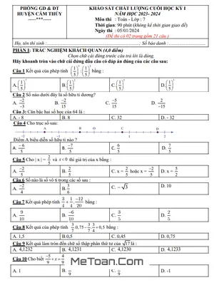Đề thi học kỳ 1 Toán 7 năm 2023 - 2024 phòng GD&ĐT Cẩm Thủy - Thanh Hóa