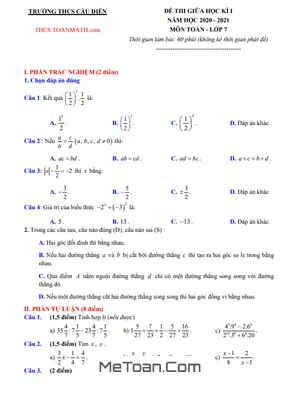 Đề Thi Giữa Học Kì 1 Toán 7 Năm 2020 - 2021 Trường THCS Cầu Diễn - Hà Nội