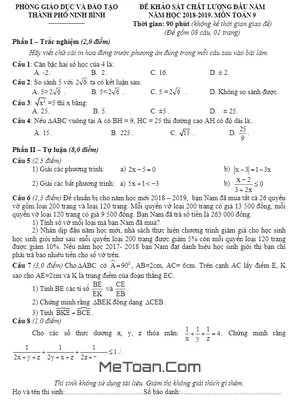 Đề KSCL đầu năm Toán 9 năm 2018 - 2019 phòng GD&ĐT thành phố Ninh Bình