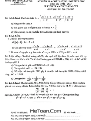 Đề thi học sinh giỏi Toán 8 năm 2022 - 2023 phòng GD&ĐT Kim Bảng - Hà Nam