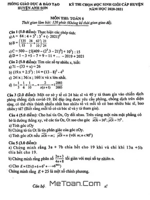 Đề thi học sinh giỏi Toán 6 huyện Anh Sơn - Nghệ An năm 2020 - 2021