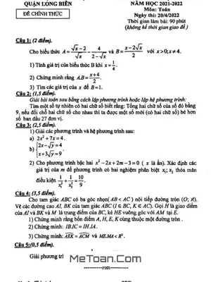 Đề Thi Học Kỳ 2 Toán 9 Năm 2021 - 2022 Phòng GD&ĐT Long Biên - Hà Nội