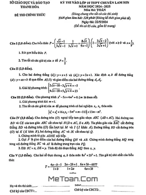 Đề thi vào lớp 10 môn Toán trường chuyên Lam Sơn - Thanh Hóa năm học 2024 - 2025
