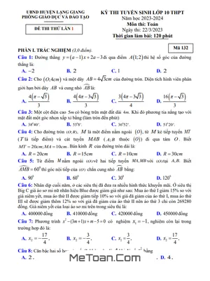 Đề thi thử Toán vào 10 lần 1 năm 2023 - 2024 phòng GD&ĐT Lạng Giang - Bắc Giang