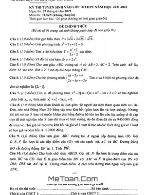 Đề thi tuyển sinh lớp 10 môn Toán (không chuyên) - Sở GD&ĐT Tây Ninh năm 2021 - 2022