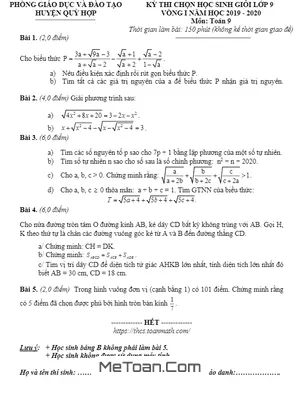 Đề thi HSG Toán 9 vòng 1 năm học 2019 - 2020 phòng GD&ĐT Quỳ Hợp - Nghệ An