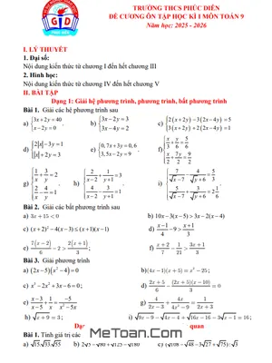 Đề cương Ôn Thi Toán Lớp 9 Học kì 1 Năm 2025-2026: THCS Phúc Diễn, Hà Nội
