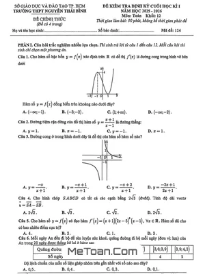 Đề thi cuối học kì 1 môn Toán 12 năm 2025 - 2026 THPT Nguyễn Thái Bình - TP.HCM