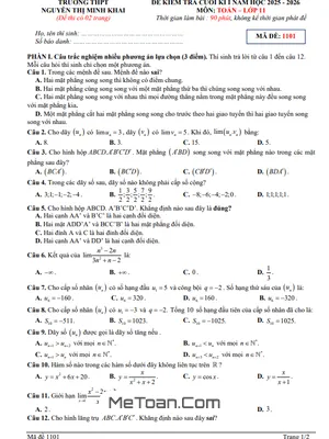 Đề Cuối Kỳ 1 Toán 11 Năm Học 2025 – 2026 Trường THPT Nguyễn Thị Minh Khai – Hà Tĩnh