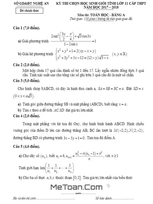 Đề thi chọn HSG tỉnh Toán 11 THPT năm 2017 - 2018 sở GD&ĐT Nghệ An (Bảng A) - Có lời giải