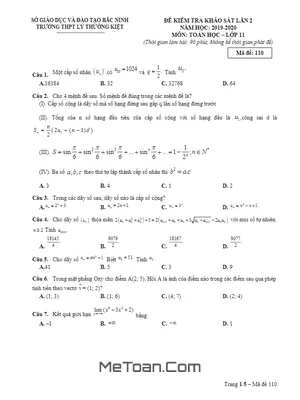 Đề khảo sát Toán 11 lần 2 năm 2019 - 2020 trường THPT Lý Thường Kiệt - Bắc Ninh