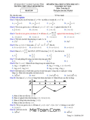 Đề thi học kỳ 1 Toán 12 năm 2017 - 2018 trường THPT Phan Đình Phùng - Hà Tĩnh (có lời giải)