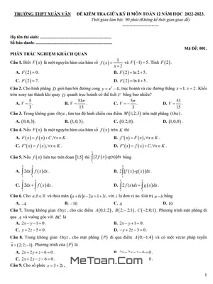 Đề thi giữa kỳ 2 Toán 12 năm 2022 - 2023 trường THPT Xuân Vân - Tuyên Quang