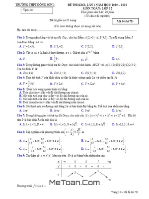 Đề thi KSCL Toán 12 lần 1 năm 2019 – 2020 trường Đông Sơn 1 – Thanh Hóa